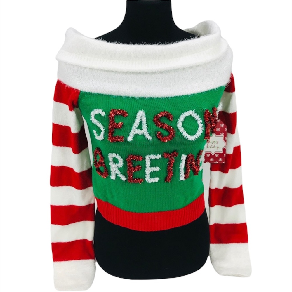 Derek Heart Seasons Greetings Christmas Sweater, Green, White, Red, Small